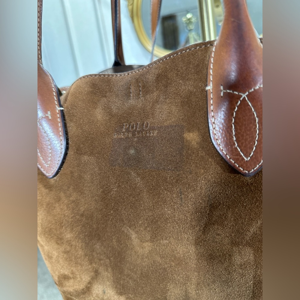 Polo Ralph Lauren Bellport Suede Leather Medium Tote Bag Brown Adjustable Strap - Picture 6 of 16